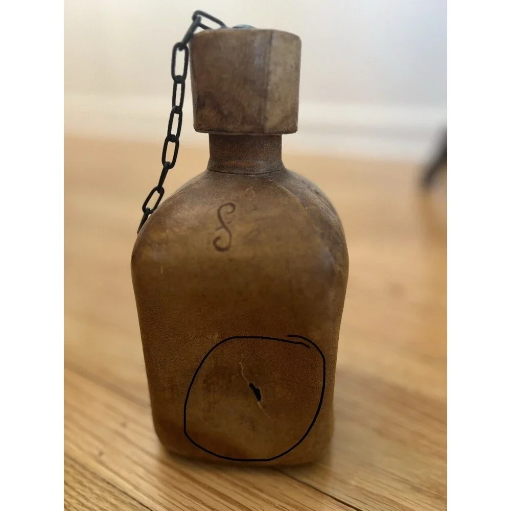Glass Decanter Bottle Tooled Leather Wrapped with Cap & Chain Vintage